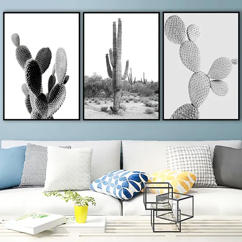 VLOLIFE Lienzo minimalista nórdico de plantas verdes suculentas, arte en lienzo, póster de cactus blanco y negro, pinturas de pared, sala de estar,