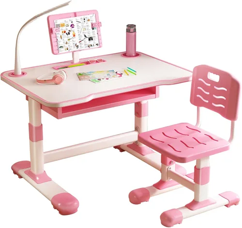 Miniatura 8 de Juego de escritorio y silla para niños, escritorio infantil de altura ajustable con cajones de almacenamiento y estantería, mesa ergonómica para Rosa