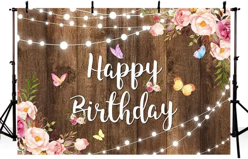 Miniatura 3 de MEHOFOND Telón de fondo rosa floral de feliz cumpleaños, acuarela, mariposa, madera, flores, niñas, mujeres, fotografía de cumpleaños, pancarta