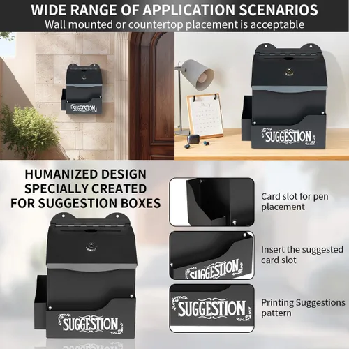 Miniatura 5 de Ydocabinit Caja de sugerencias de metal con letras de sugerencias, montaje en pared y mesa con soporte para bolígrafo con candado, 50 tarjetas