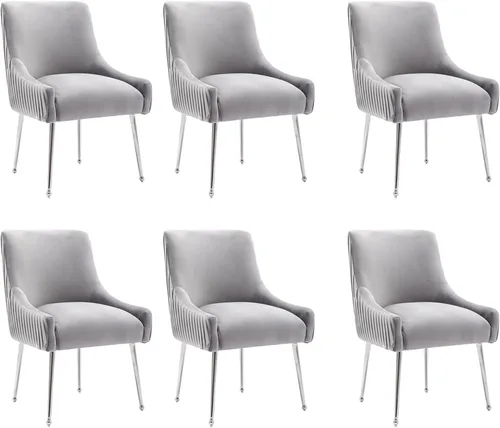 Miniatura 26 de Sillas de comedor de estilo moderno de terciopelo tapizado, silla de acento de tocador con barra vertical, silla capitonada con patas plateadas