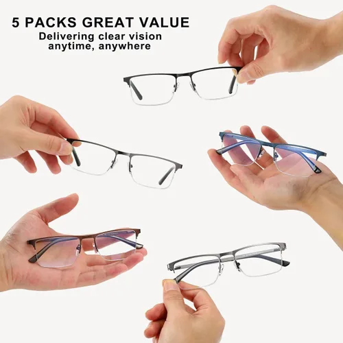 Miniatura 6 de EYECEDAR Paquete de 5 lentes de lectura de calidad para hombre, medio marco de metal, bisagras de resorte, bloqueo de luz azul, lentes para 5 Pares