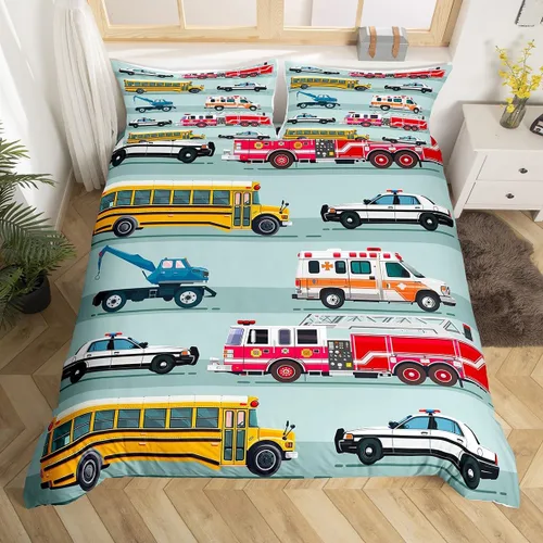Miniatura 16 de Erosebridal Juego de funda de edredón de tren de dibujos animados para niños, color rojo y azul, funda de edredón de vehículos para niños