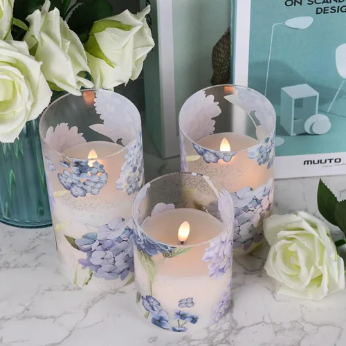 Miniatura 3 de Velas de Cristal de Hortensias Sin Llama con Temporizador Remoto Operadas con Batería Velas LED Parpadeantes de Pilar de Cera Real Decoración