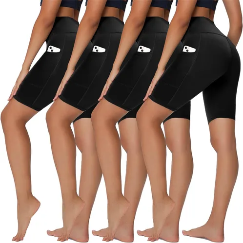 Paquete de 4 pantalones cortos de ciclista para mujer, cintura alta de 8 pulgadas, control de abdomen, pantalones cortos de entrenamiento de verano
