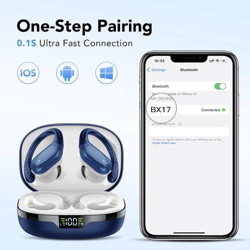 Miniatura 6 de Auriculares inalámbricos Bluetooth 5.3, 60 horas de reproducción con pantalla digital, auriculares inalámbricos deportivos con gancho para la oreja