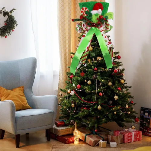 Miniatura 6 de Lordaeron - Gorro de adorno para árbol de Navidad, sombrero grande de terciopelo verde con lazo alargado, decoraciones de árbol de Navidad, adornos