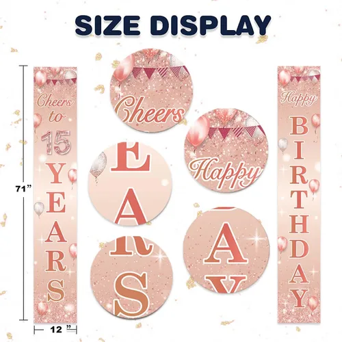 Miniatura 2 de COOSOAR Pancarta de oro rosa con texto en inglés "Happy Birthday" con texto en inglés "Cheers to 15 años" para decoración temática de globos