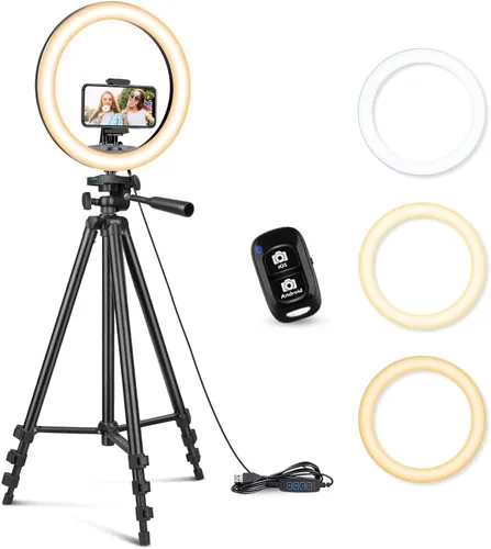 Miniatura 13 de SENSYNE - Anillo de luz de 10 pulgadas con soporte de trípode extensible de 50 pulgadas, luces circulares LED con soporte para teléfono
