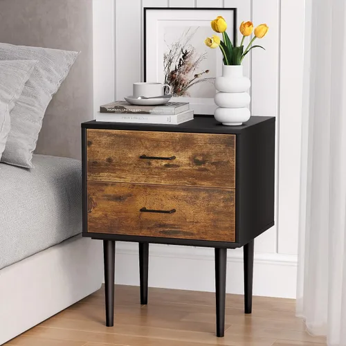 Miniatura 9 de Mesita de noche, mesita de noche negra y dorada con panel estriado, mesa de cabecera con 2 cajones, mesita de noche moderna grande de mediados