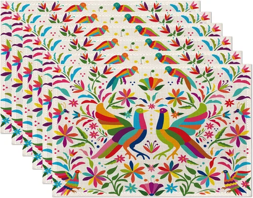 Juego de 6 manteles individuales coloridos con diseño de pájaro mexicano, de lino étnico, lavables, resistentes al calor, para cocina, comedor,