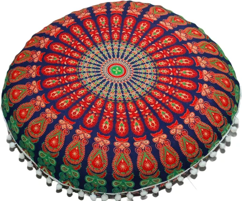 Miniatura 20 de Funda de almohada redonda con diseño de mandala, para asiento, otomano, con pompones, hippie, decorativo, bohemio, indio, de 22 pulgadas
