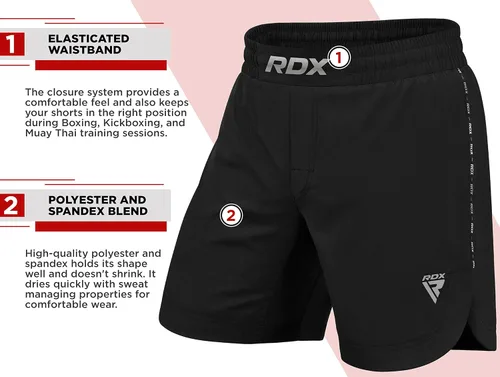 Miniatura 7 de RDX Pantalones cortos de MMA para entrenamiento y kickboxing Pantalones cortos de lucha para artes marciales, pelea de jaulas, Muay Thai, BJJ