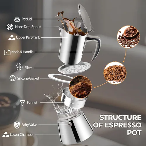 Miniatura 4 de Cafetera de acero inoxidable 304 grueso, sin recubrimiento, 2 tazas, cafetera Moka para estufa, cafetera expreso, cafetera italiana, clásica, Greca
