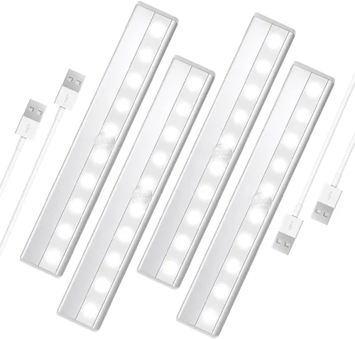 Paquete de 4 luces de armario con sensor de movimiento, 10 LED adhesivas en cualquier lugar, magnéticas, portátiles, inalámbricas, para debajo del