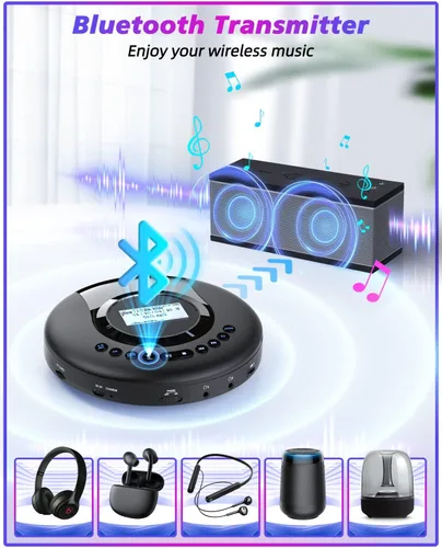 Miniatura 2 de ARAFUNA Reproductor de CD portátil Bluetooth con radio FM, reproductor de CD recargable de 2000 mAh para coche con pantalla LCD, reproductor