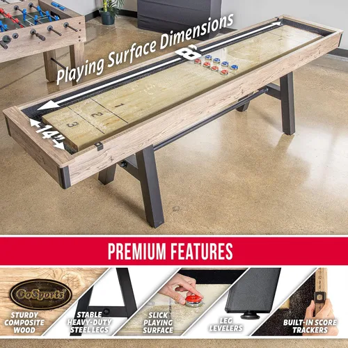 Miniatura 4 de GoSports Mesa de tejo premium de 9 pies con 8 discos, cera para shuffleboard y cepillo