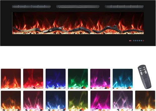 Chimeneas eléctricas de 60 pulgadas, calentador de chimenea empotrado y montado en la pared con termostato, llamas multicolores, temporizador,