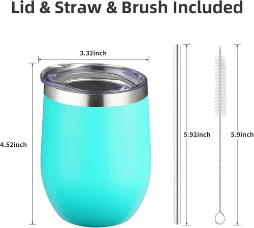 Miniatura 4 de Vaso de vino aislado de 12 oz con tapa y pajita, vaso de vino de acero inoxidable sin tallo, vaso de vino de doble pared al vacío para café, Verde
