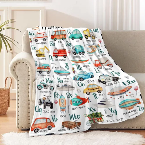 Regalos de Manta del Alfabeto de Transporte Mantas de Franela Súper Suaves y Ligeras para Niños, Adultos, Adecuadas para Sofá, Sillón, Cama,