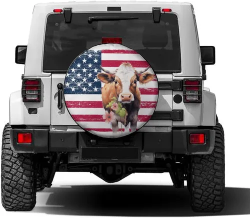 Miniatura 3 de Funda para neumático de repuesto de vaca con bandera estadounidense, de piel sintética, para remolque, RV, SUV y muchos vehículos, 14 pulgadas