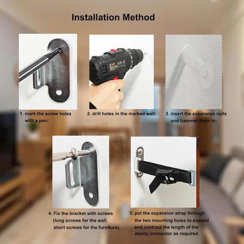 Miniatura 4 de Anclajes para muebles antipunta, (4 juegos) anclajes de seguridad ajustables para niños, kit a prueba de terremotos y a prueba de bebés