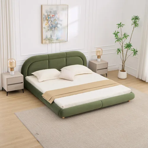 Miniatura 22 de Cama de Plataforma Tapizada con Forma Curva con Cabecera de Forma Curva, Marco de Cama de Madera Tamaño Full para Dormitorio de Niños y Adultos