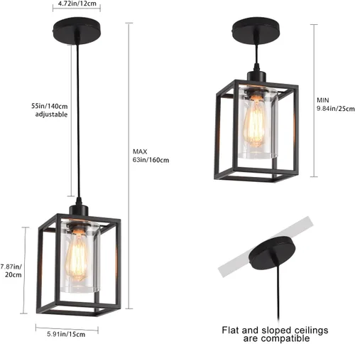 Miniatura 3 de Luces colgantes negras para isla de cocina, lámpara colgante de farol industrial con pantalla de vidrio transparente, iluminación colgante de altura