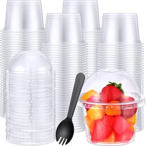 Suclain 100 juegos de tazas transparentes de postre de 8 onzas con tapas y tenedores, vasos desechables de plástico para parfait yogur con tapas