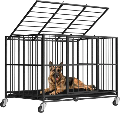 Miniatura 8 de Jaula de acero resistente de 38 pulgadas para perros, a prueba de escape, para interiores, doble puerta, alta ansiedad, bandeja extraíble, jaula
