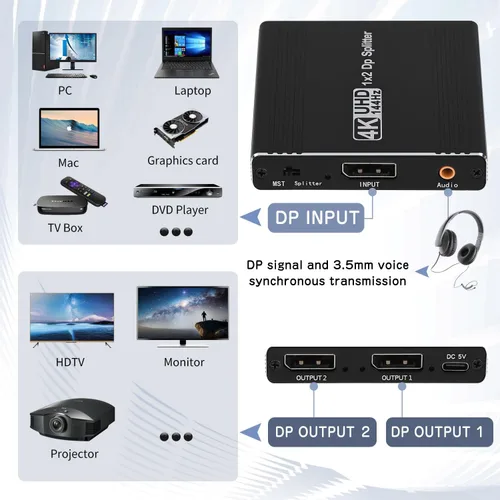 Miniatura 2 de Adaptador divisor DisplayPort a Dual Displayport compatible con modo extendido/espejo MST, 4K a 120Hz 4K @60Hz DisplayPort Splitter 1 en 2 salidas
