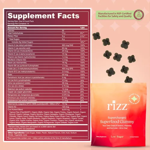 Miniatura 6 de Rizz Gomitas verdes bajas en azúcar, más de 60 superalimentos, 0.23 onzas de fibra, gomitas prebióticas y probióticas, multivitaminas veganas