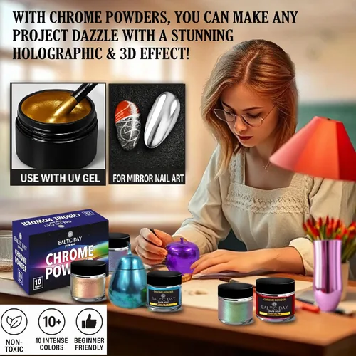 Miniatura 8 de Pigmento cromado y metálico de alta calidad – 10 colores espejo cromado y polvo de mica holográfica para arte de resina, epoxi, vasos, posavasos