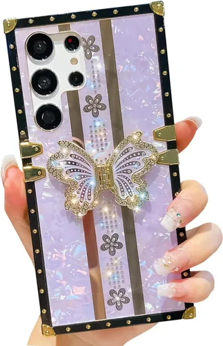 Miniatura 21 de Compatible con Funda Samsung Galaxy S22 Ultra, Diseño de Mariposa Brillante de Lujo con Soporte Plegable Kickstand para Mujeres y Niñas, Funda Rosa
