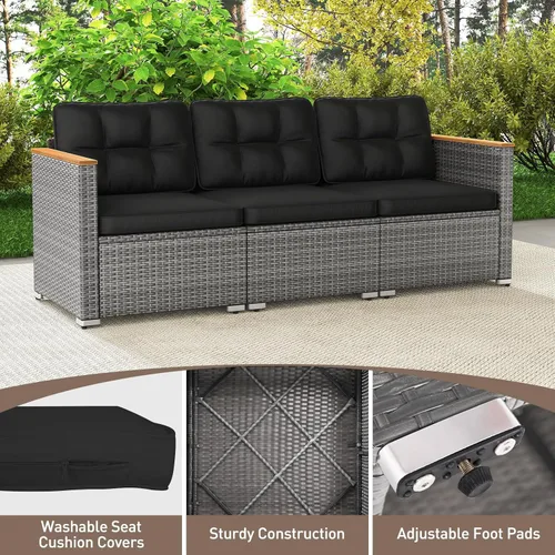 Miniatura 6 de Tangkula Sofá de mimbre para patio de 3 asientos, juego de muebles de ratán de 3 plazas con reposabrazos de madera de acacia y cojín grueso, sofá