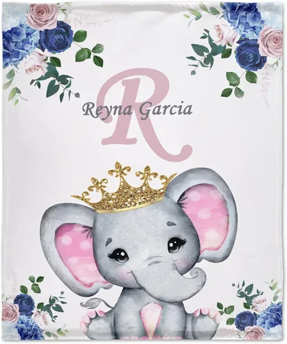 Miniatura 12 de Manta personalizada de elefante azul floral con nombre para niñas, manta con nombre personalizado para niños pequeños, regalos personalizados