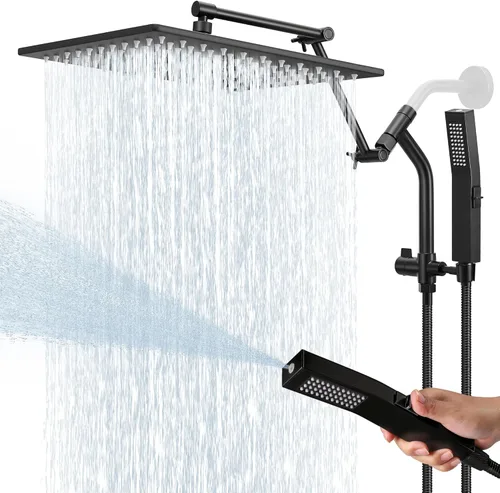 Miniatura 10 de Regadera de lluvia de metal de 12 pulgadas con modo de lavado eléctrico integrado de mano, cabezales de ducha cuadrados de cascada de alta presión