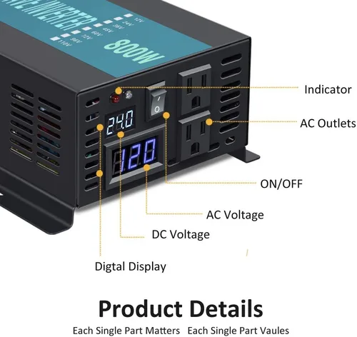 Miniatura 4 de WZRELB Inversor de onda sinusoidal pura de corriente alterna para uso fuera de la red de 800W 24Vdc a 120Vac 60Hz, convertidor de potencia con tomas