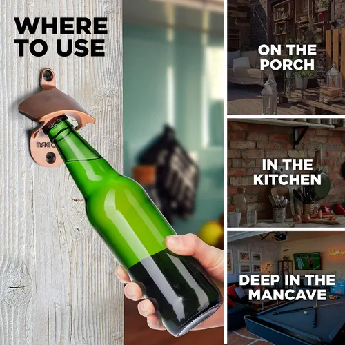 Miniatura 5 de Abrebotellas para exteriores montado en la pared, estilo abridor magnético de botellas de cerveza que atrapa las tapas, fácil de instalar e