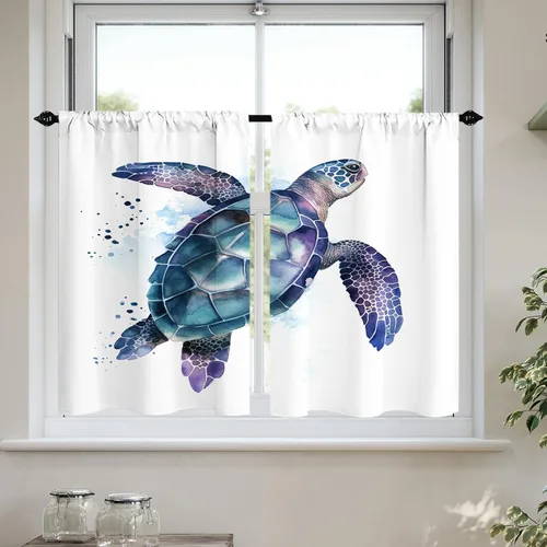 Miniatura 10 de Cortinas cortas de cocina con diseño náutico de tortugas marinas azules y playas, media cortina de baño para dormitorio, juego de 2 paneles de 27.5