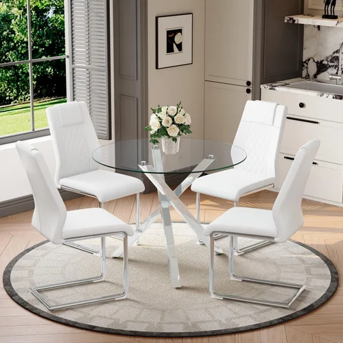 Miniatura 10 de Juego de mesa de comedor redonda para 6, juego de mesa de comedor de vidrio de 39 pulgadas con base de metal ajustable dorada en forma de X y 6