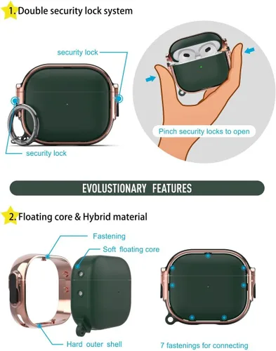 Miniatura 3 de Funda para AirPods 3, Funda Protectora de Cuerpo Completo de Material Híbrido con Cierre Seguro (Rosado Dorado + Verde)