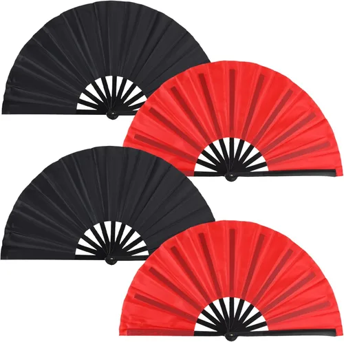 Miniatura 7 de Paquete de 4 ventiladores de mano plegables grandes, ventiladores plegables de mano de plástico, ventiladores chinos de Kung Fu plegables para Negro