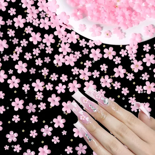 1000 dijes acrílicos de flores de colores rosas para uñas, varios tamaños de flores 3D, dijes de arte de uñas de flores con cuentas de caviar, gemas