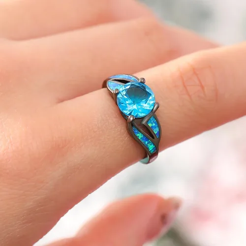 Miniatura 6 de UFOORO Anillo infinito de ópalo de fuego chapado en rodio negro, circonita cúbica, boda, compromiso, aniversario, anillos para mujer, Cristal