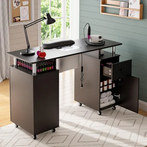 Miniatura 8 de Mesa de manicura HolaiNail, mesa para uñas con recolector de polvo, apoyabrazos, ruedas, cajón y gabinete, estación para salón de belleza, negra