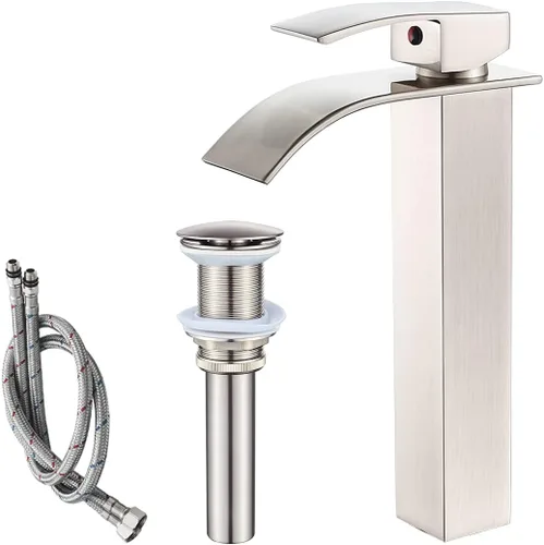 VOTON - Grifo de fregadero de níquel cepillado moderno alto con cascada para fregadero de baño, con desagüe desplegable, grifo de baño de una sola