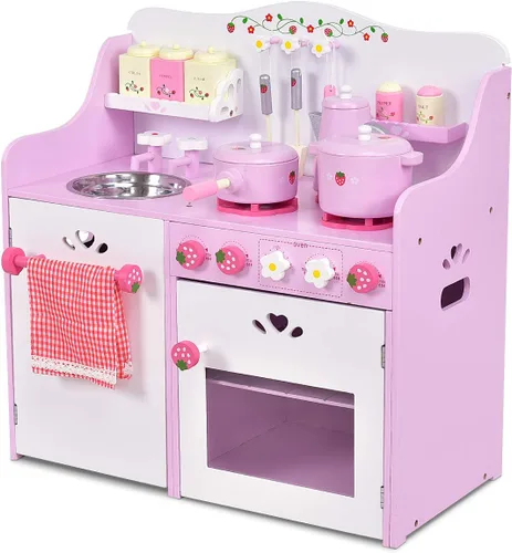 Miniatura 7 de HONEY JOY Juego de Cocina Rosa para Niños, Cocina de Juego de Simulación de Madera para Niños Pequeños, 13 Piezas de Utensilios de Cocina, Grifo