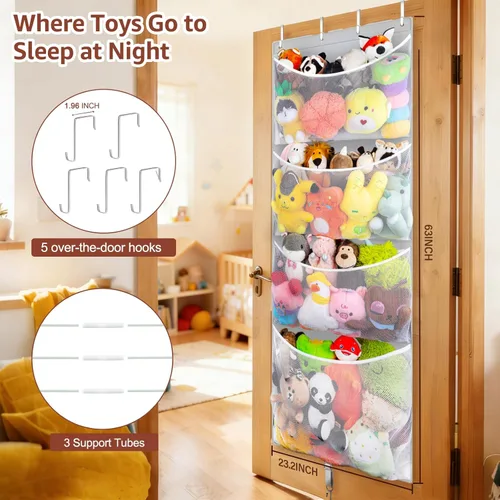 Miniatura 2 de Woodoulogy Almacenamiento de Animales de Peluche Colgantes, Organizador Grande de Juguetes de Felpa Sobre la Puerta con Gancho de Metal, Idea de Gris