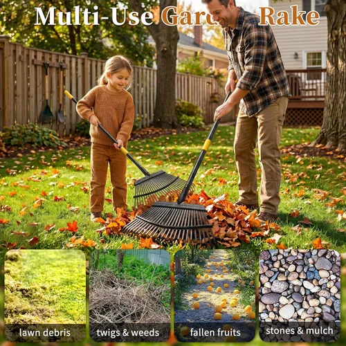 Miniatura 4 de Rastrillo para hojas resistente, rastrillo de hojas de jardín grandes para césped, rastrillo de jardinería de 65 pulgadas con mango largo que ahorra